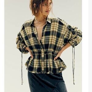 Free People  Pacific Dawn Plaid Shirt black green tan sz L